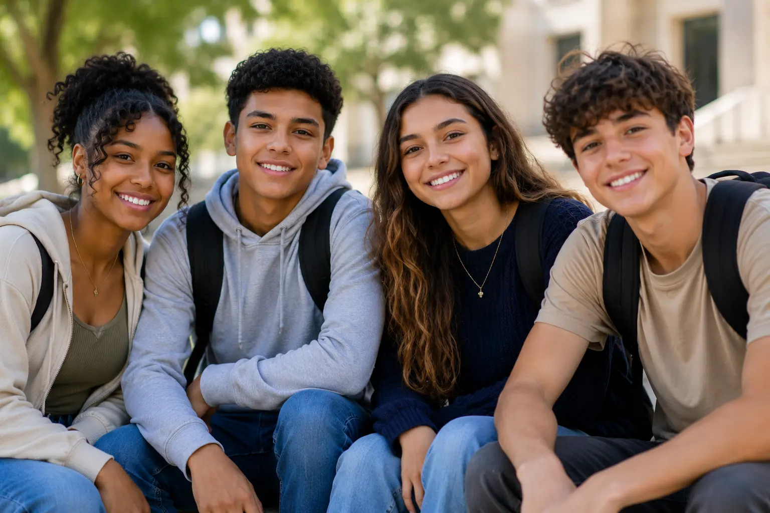 Four smiling teenagers sitting together outdoors on a campus