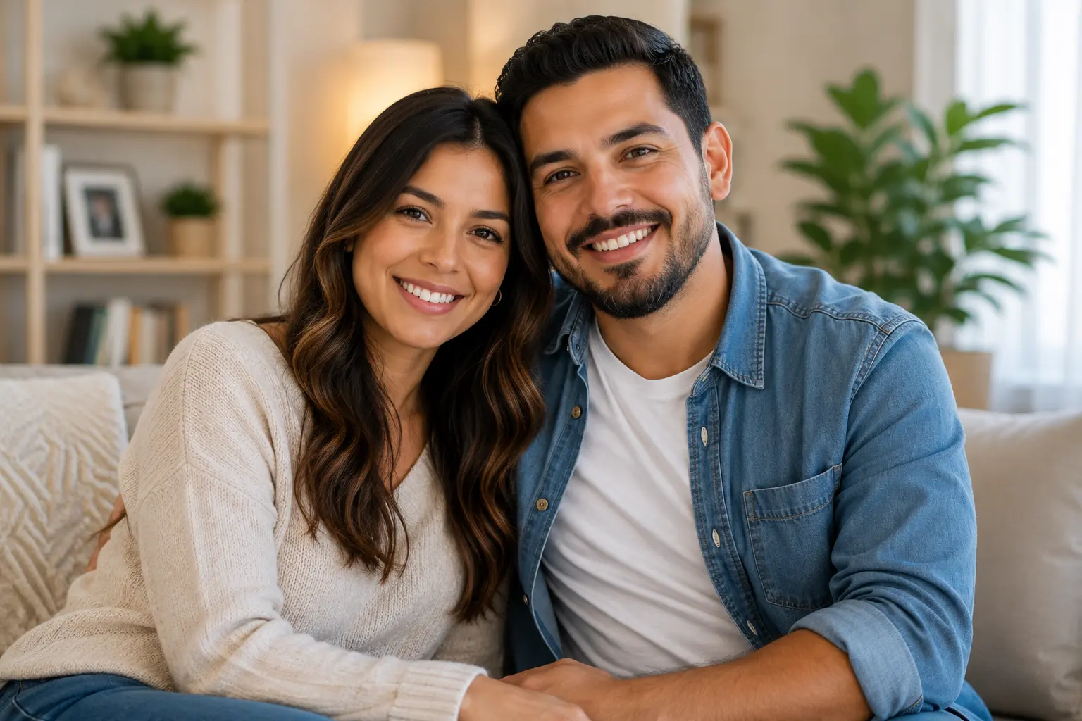 A smiling couple sitting close together on a sofa at home