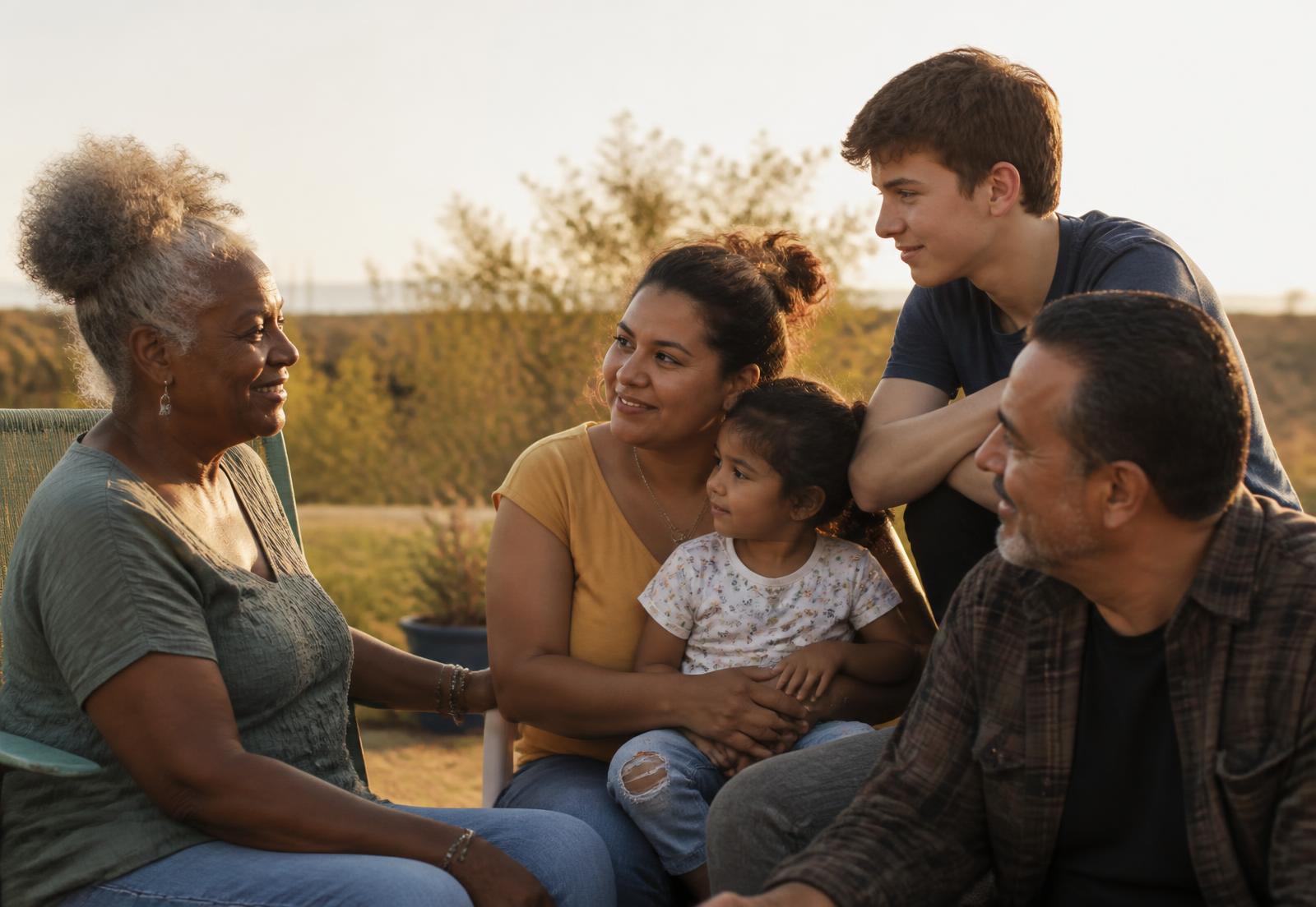Three generations of a diverse family talking together outdoors in warm evening light